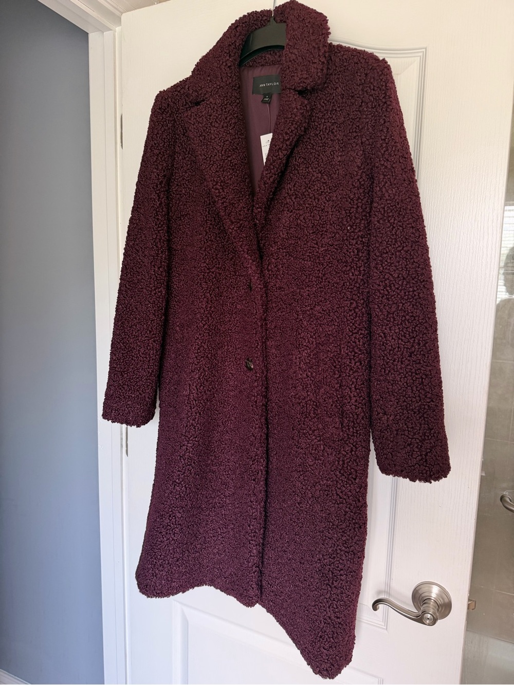 Ann Taylor Long Teddy Coat in Deep Burgundy